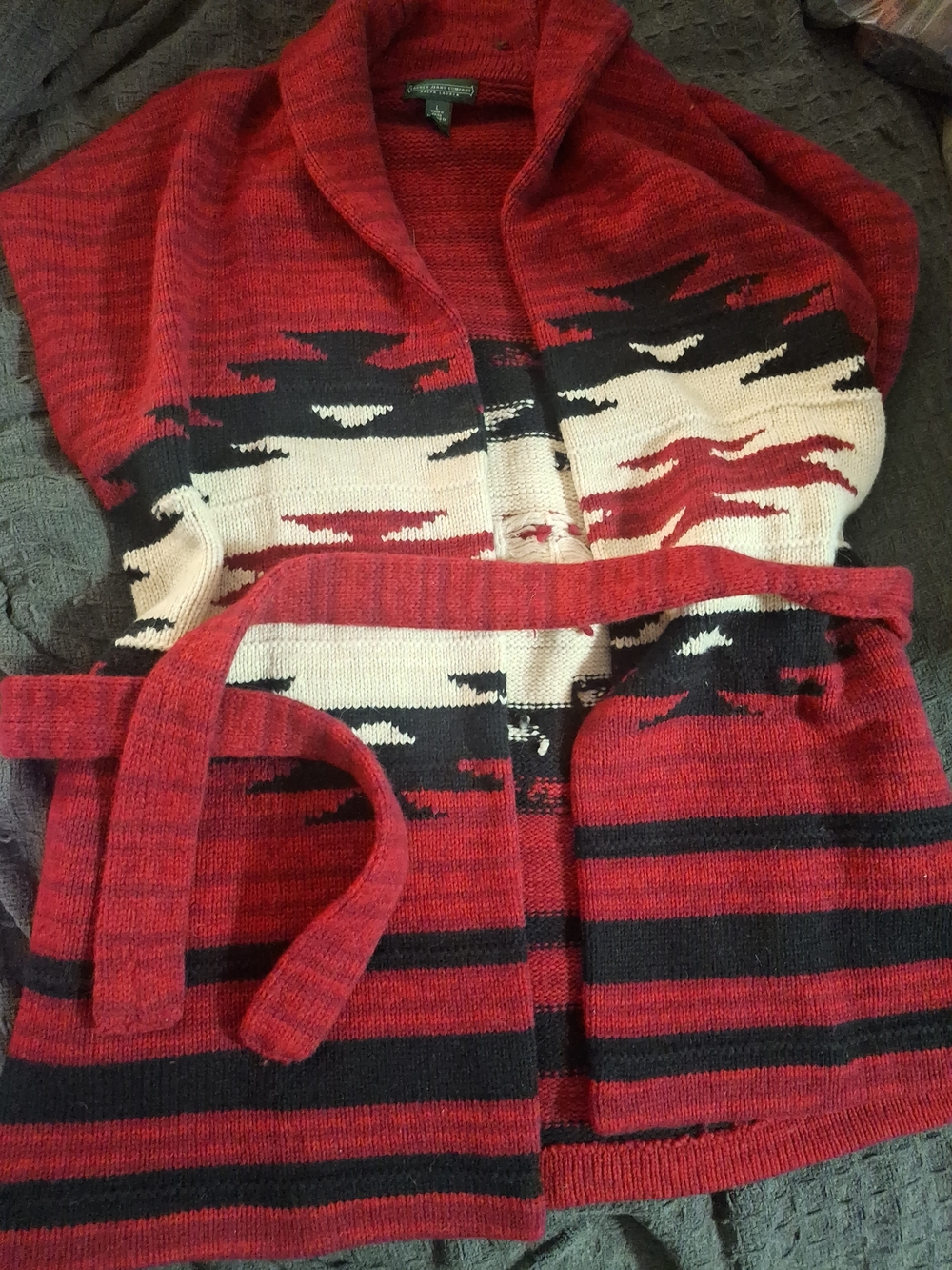 Lauren Ralph Lauren Red Black Cream Patterned Shawl Collar Belted Cardigan